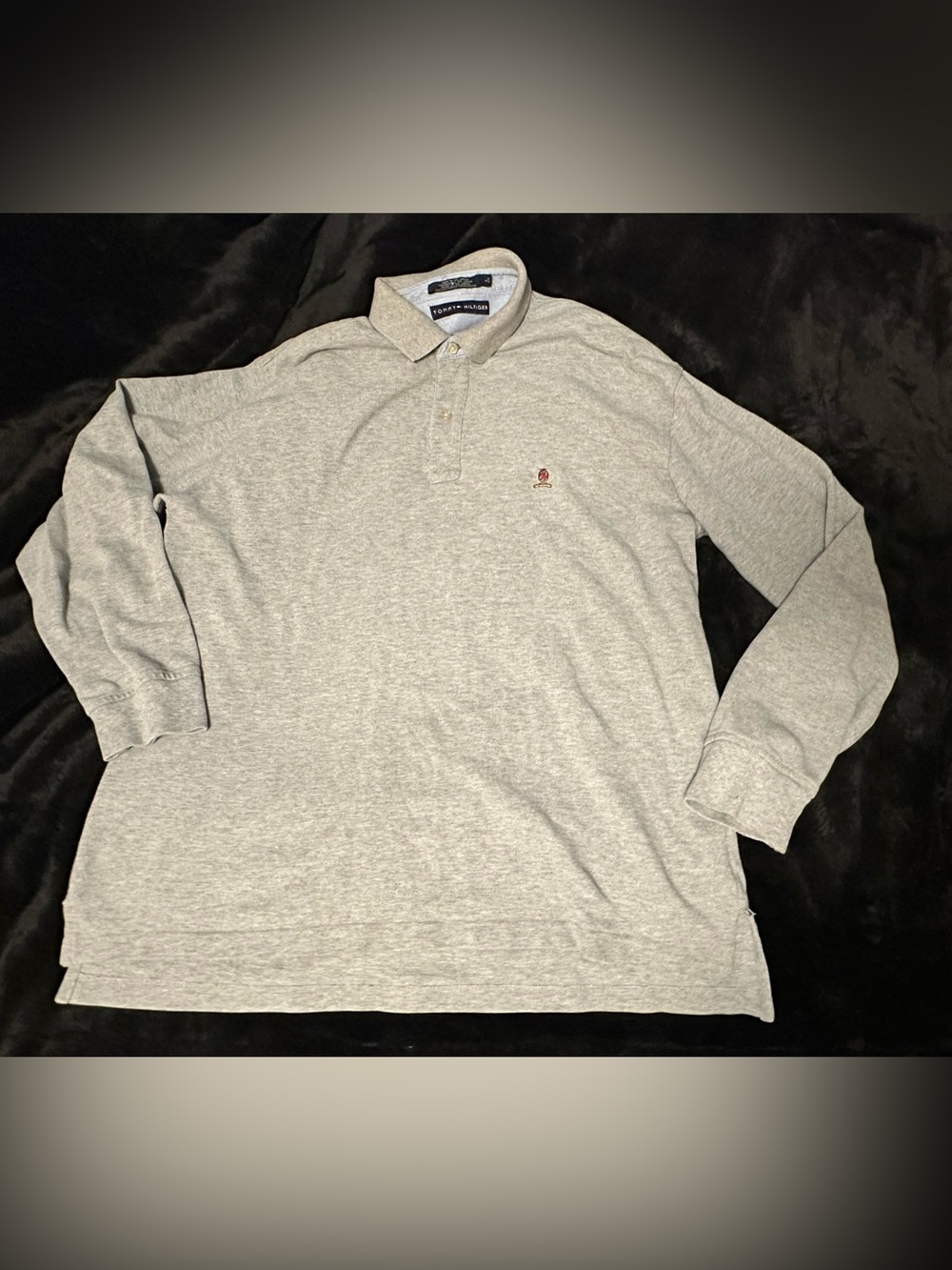 Tommy Hilfiger Long-Sleeve Heather Gray Polo Shirt CREAT LOGO Men's L